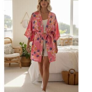 Josie Natori Womens Floral Print Satin Robe Size Large Pink